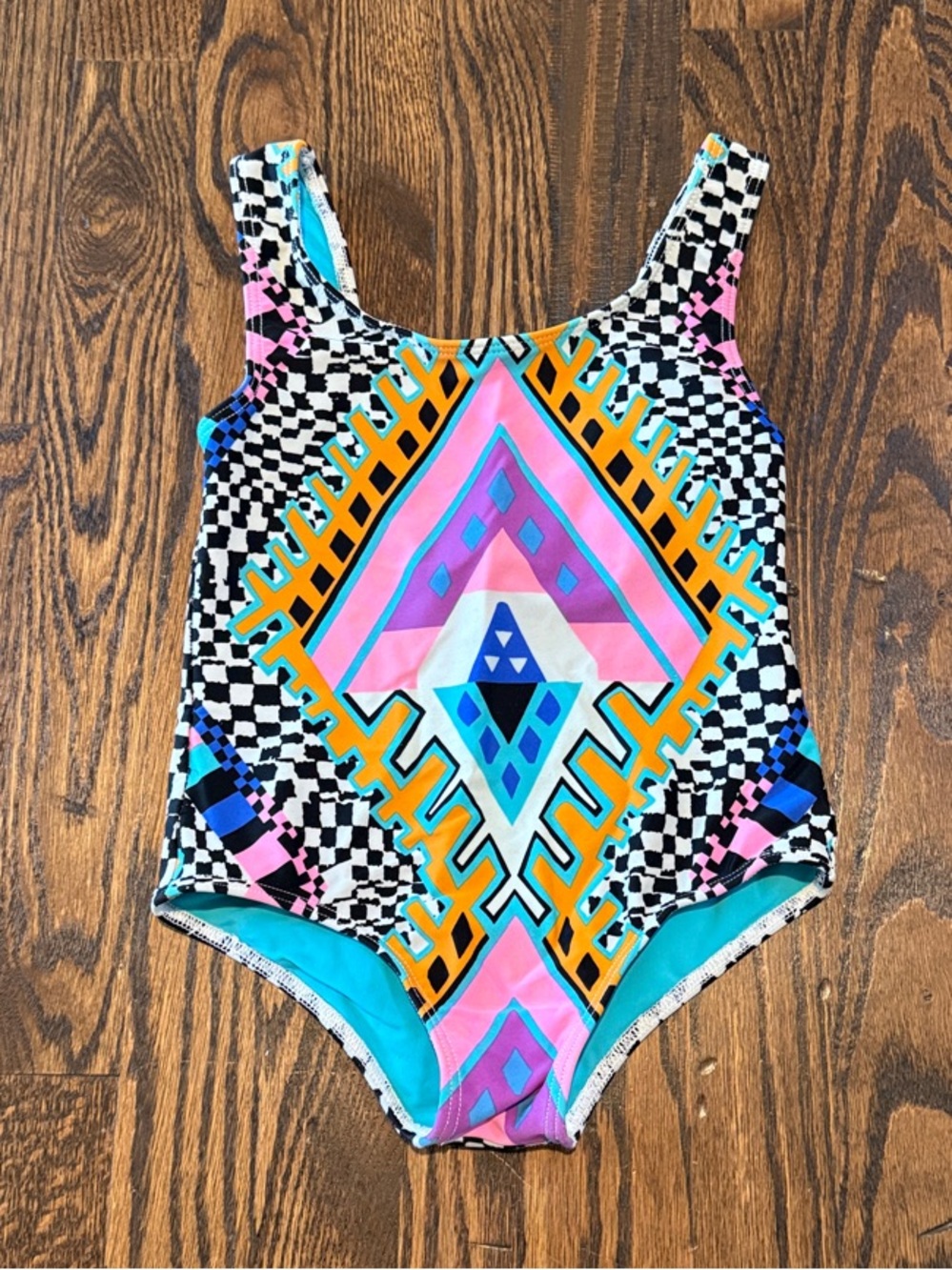 Mara Hoffman Girls One-Piece Swimsuit - Pink, Turquoise & Yellow Geometric Print